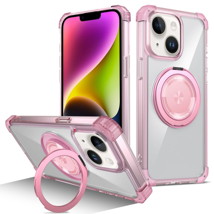 For iPhone 14 Gold Shield CD Pattern MagSafe Magnetic Phone Case with Rotating Stand(Transparent Pink) - iPhone 14 Cases by buy2fix | Online Shopping UK | buy2fix