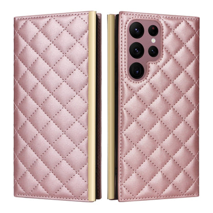 For Samsung Galaxy S22 Ultra 5G Crossbody Rhombic Sucker Leather Phone Case(Rose Gold) - Galaxy S22 Ultra 5G Cases by buy2fix | Online Shopping UK | buy2fix