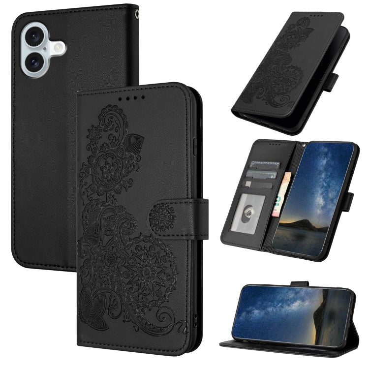 For iPhone 16 Plus Datura Flower Embossed Flip Leather Phone Case(Black) - iPhone 16 Plus Cases by buy2fix | Online Shopping UK | buy2fix