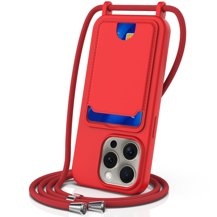 For iPhone 16 Pro Max Integrated Card Bag Solid Color Liquid Silicone Phone Case with Lanyard(Red) - iPhone 16 Pro Max Cases by buy2fix | Online Shopping UK | buy2fix