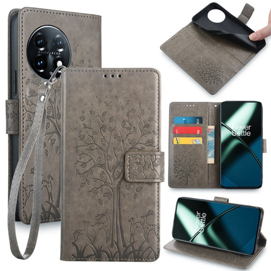 For OnePlus 11 Tree & Deer Embossed Leather Phone Case(Grey) - OnePlus Cases by buy2fix | Online Shopping UK | buy2fix