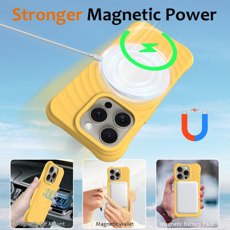 For iPhone 16 Pro Wave Texture MagSafe Magnetic Liquid Silicone Phone Case(Yellow) - iPhone 16 Pro Cases by buy2fix | Online Shopping UK | buy2fix