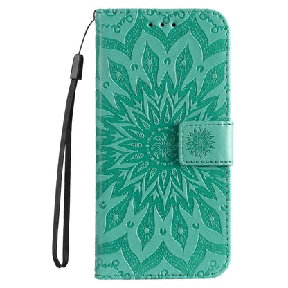 For iPhone 16 Embossed Sunflower Pattern Flip Leather Phone Case(Green) - iPhone 16 Cases by buy2fix | Online Shopping UK | buy2fix