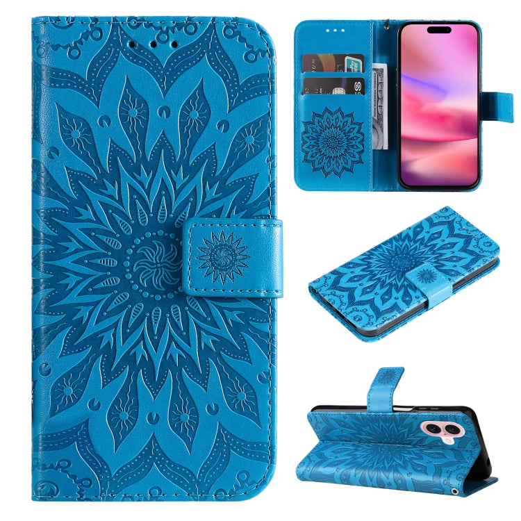 For iPhone 16 Embossed Sunflower Pattern Flip Leather Phone Case(Blue) - iPhone 16 Cases by buy2fix | Online Shopping UK | buy2fix