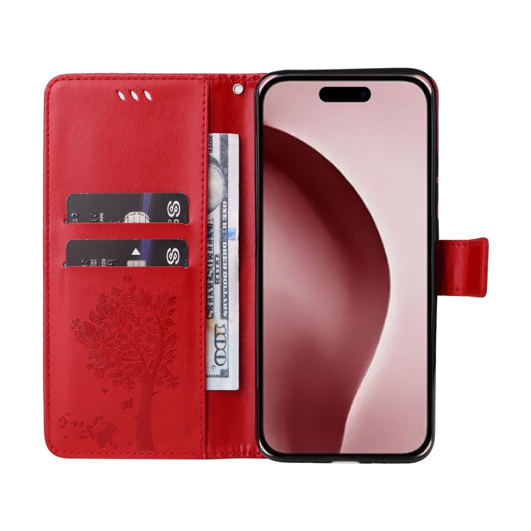 For iPhone 16 Pro Tree & Cat Embossed Pattern Flip Leather Phone Case(Red) - iPhone 16 Pro Cases by buy2fix | Online Shopping UK | buy2fix