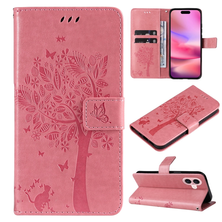 For iPhone 16 Tree & Cat Embossed Pattern Flip Leather Phone Case(Pink) - iPhone 16 Cases by buy2fix | Online Shopping UK | buy2fix