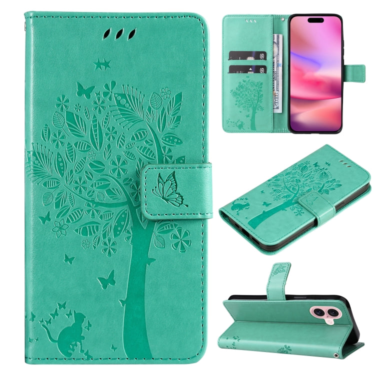 For iPhone 16 Tree & Cat Embossed Pattern Flip Leather Phone Case(Green) - iPhone 16 Cases by buy2fix | Online Shopping UK | buy2fix