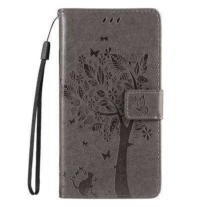 For iPhone 16 Tree & Cat Embossed Pattern Flip Leather Phone Case(Grey) - iPhone 16 Cases by buy2fix | Online Shopping UK | buy2fix