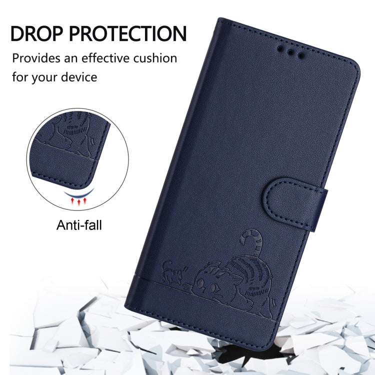 For OPPO Reno11 Pro 5G Global Cat Rat Embossed Pattern RFID Leather Phone Case with Lanyard(Blue) - Reno11 Pro Cases by buy2fix | Online Shopping UK | buy2fix