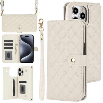 For iPhone 16 Pro Max Crossbody Multifunction Rhombic Leather Phone Case(White) - iPhone 16 Pro Max Cases by buy2fix | Online Shopping UK | buy2fix