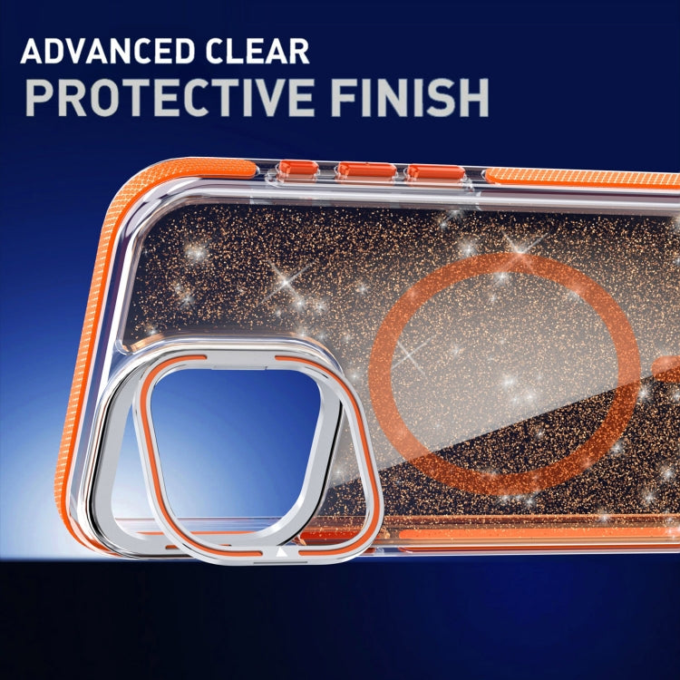 For iPhone 16 Pro Two-color Glitter Powder Lens Holder Magsafe Phone Case(Orange) - iPhone 16 Pro Cases by buy2fix | Online Shopping UK | buy2fix