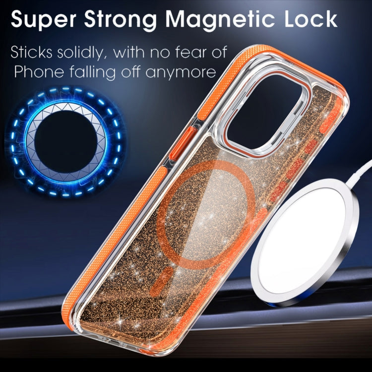 For iPhone 16 Pro Two-color Glitter Powder Lens Holder Magsafe Phone Case(Orange) - iPhone 16 Pro Cases by buy2fix | Online Shopping UK | buy2fix