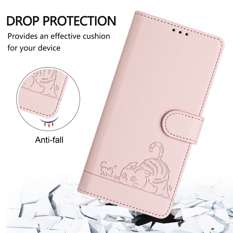 For OnePlus 11 Cat Rat Embossed Pattern RFID Leather Phone Case with Lanyard(Pink) - OnePlus Cases by buy2fix | Online Shopping UK | buy2fix