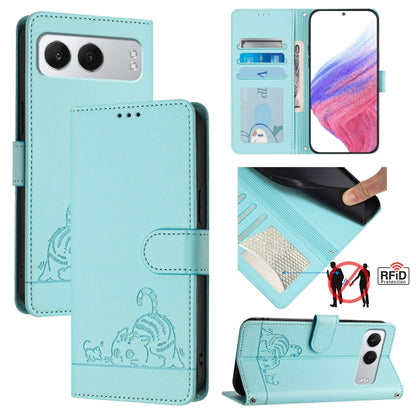 For OnePlus Nord 4 5G Cat Rat Embossed Pattern RFID Leather Phone Case with Lanyard(Mint Green) - OnePlus Cases by buy2fix | Online Shopping UK | buy2fix