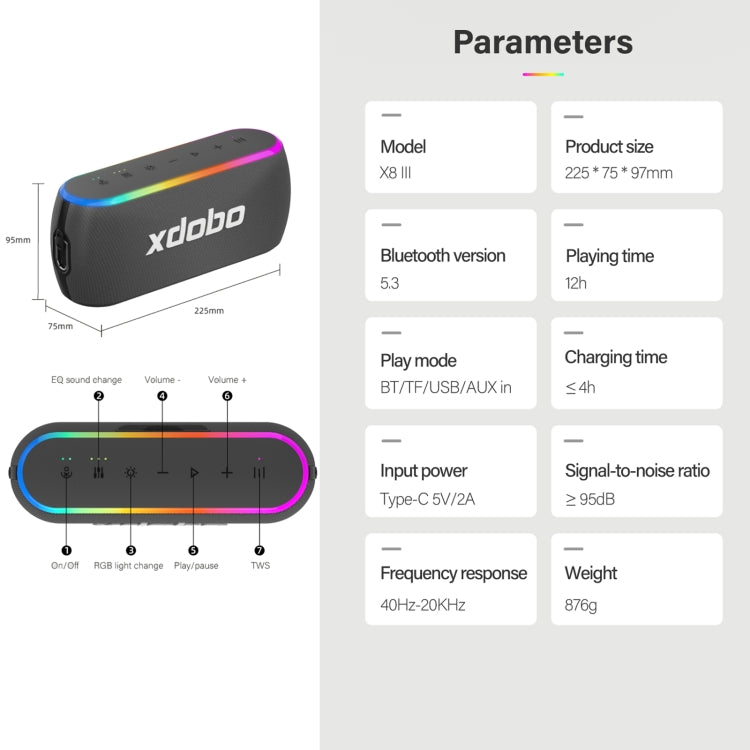 Xdobo X8 III BT5.3 IPX7 Wireless Speaker with RGB Light, Support Bluetooth/TF Card/USB/AUX(Grey) - Desktop Speaker by XDOBO | Online Shopping UK | buy2fix