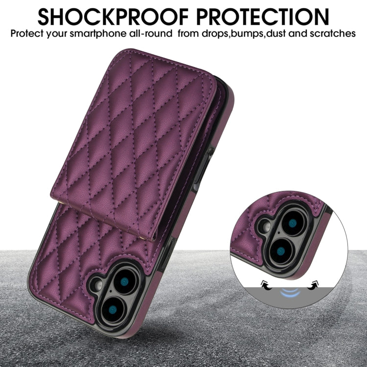 For iPhone 16 Plus YM015 Crossbody Rhombic Card Bag RFID Phone Case(Dark Purple) - iPhone 16 Plus Cases by buy2fix | Online Shopping UK | buy2fix