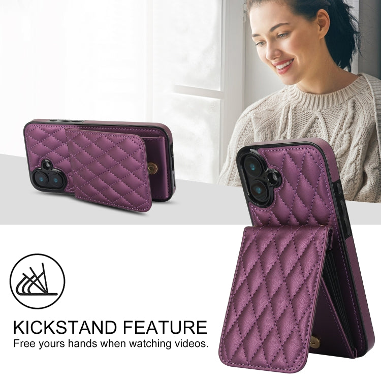 For iPhone 16 YM015 Crossbody Rhombic Card Bag RFID Phone Case(Dark Purple) - iPhone 16 Cases by buy2fix | Online Shopping UK | buy2fix