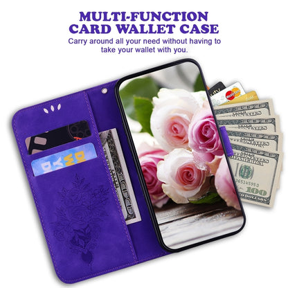 For iPhone 16 Butterfly Rose Embossed Leather Phone Case(Purple) - iPhone 16 Cases by buy2fix | Online Shopping UK | buy2fix