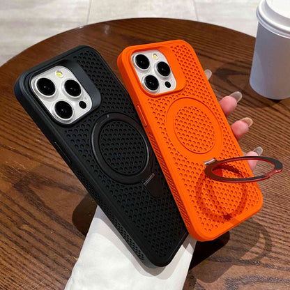 For iPhone 12 Pro Max Hollow Cooling Magsafe Phone Case with Holder(Orange) - iPhone 12 Pro Max Cases by buy2fix | Online Shopping UK | buy2fix