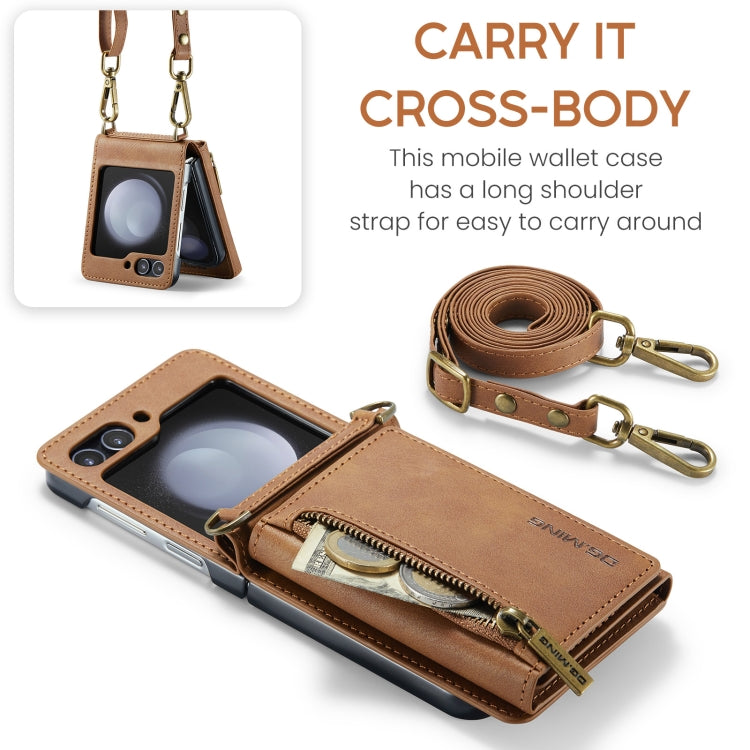 For Samsung Galaxy Z Flip5 5G DG.MING M5 Series Zip RFID Multi Card Detachable Leather Phone Case with Long Lanyard(Brown) - Galaxy Z Flip5 Cases by DG.MING | Online Shopping UK | buy2fix