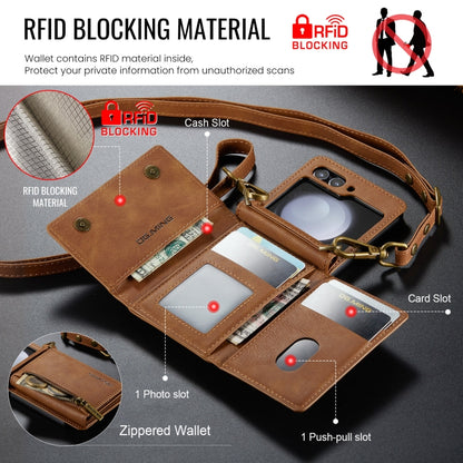 For Samsung Galaxy Z Flip5 5G DG.MING M5 Series Zip RFID Multi Card Detachable Leather Phone Case with Long Lanyard(Brown) - Galaxy Z Flip5 Cases by DG.MING | Online Shopping UK | buy2fix