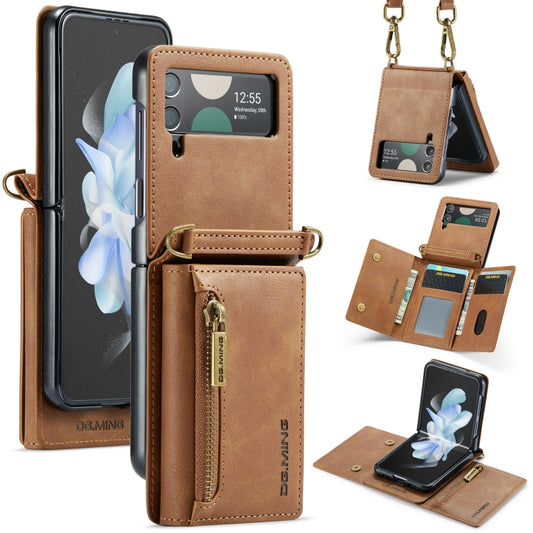 For Samsung Galaxy Z Flip3 5G DG.MING M5 Series Zip RFID Multi Card Detachable Leather Phone Case with Long Lanyard(Brown) - Galaxy Phone Cases by DG.MING | Online Shopping UK | buy2fix