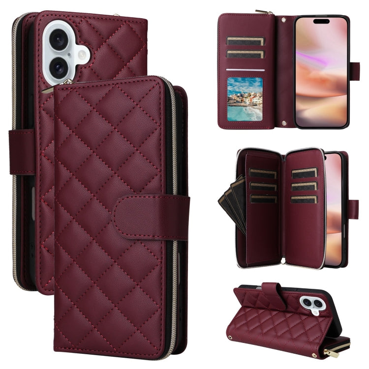 For iPhone 16 Plus Crossbody Rhombic Zipper Tower Buckle Leather Phone Case with Lanyard(Wine Red) - iPhone 16 Plus Cases by buy2fix | Online Shopping UK | buy2fix