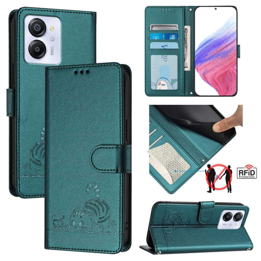 For Blackview Color 8 Cat Rat Embossed Pattern RFID Leather Phone Case with Lanyard(Peacock Green) - More Brand by buy2fix | Online Shopping UK | buy2fix