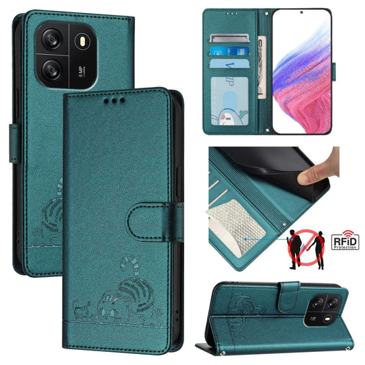 For Blackview Wave 6C Cat Rat Embossed Pattern RFID Leather Phone Case with Lanyard(Peacock Green) - More Brand by buy2fix | Online Shopping UK | buy2fix