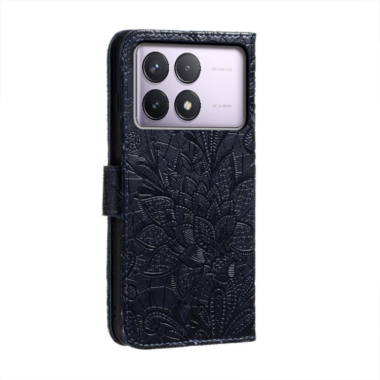 For Xiaomi Redmi K70 Lace Flower Embossing Flip Leather Phone Case(Dark Blue) - K70 Cases by buy2fix | Online Shopping UK | buy2fix