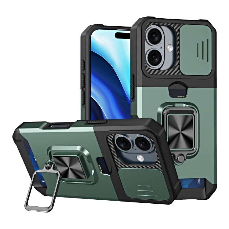 For iPhone 16 Plus Camera Shield Card Slot PC+TPU Phone Case(Dark Green) - iPhone 16 Plus Cases by buy2fix | Online Shopping UK | buy2fix