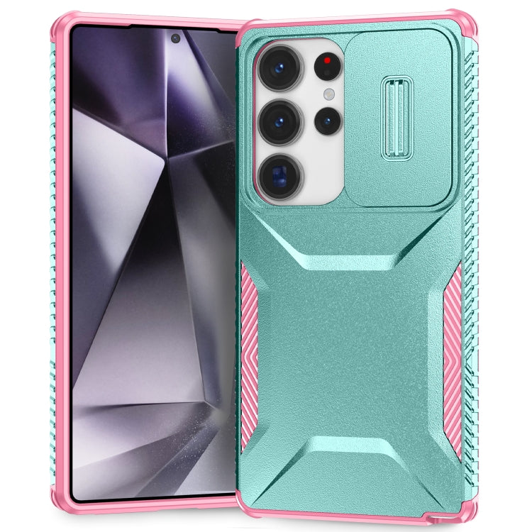 For Samsung Galaxy S25 Ultra 5G Sliding Camshield Phone Case(Grey Green + Pink) - Galaxy S25 Ultra 5G Cases by buy2fix | Online Shopping UK | buy2fix