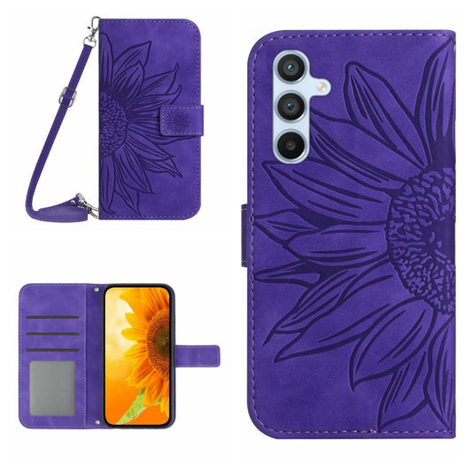 For Samsung Galaxy S25 5G Skin Feel Sun Flower Embossed Flip Leather Phone Case with Lanyard(Dark Purple) - Galaxy S25 5G Cases by buy2fix | Online Shopping UK | buy2fix