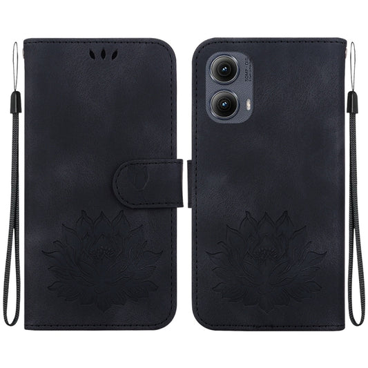 For Motorola Edge 2024 Lotus Embossed Leather Phone Case(Black) - Motorola Cases by buy2fix | Online Shopping UK | buy2fix