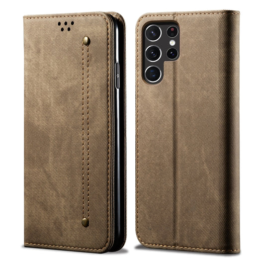 For Samsung Galaxy S25 Ultra 5G Denim Texture Casual Style Horizontal Flip Leather Case(Khaki) - Galaxy S25 Ultra 5G Cases by buy2fix | Online Shopping UK | buy2fix