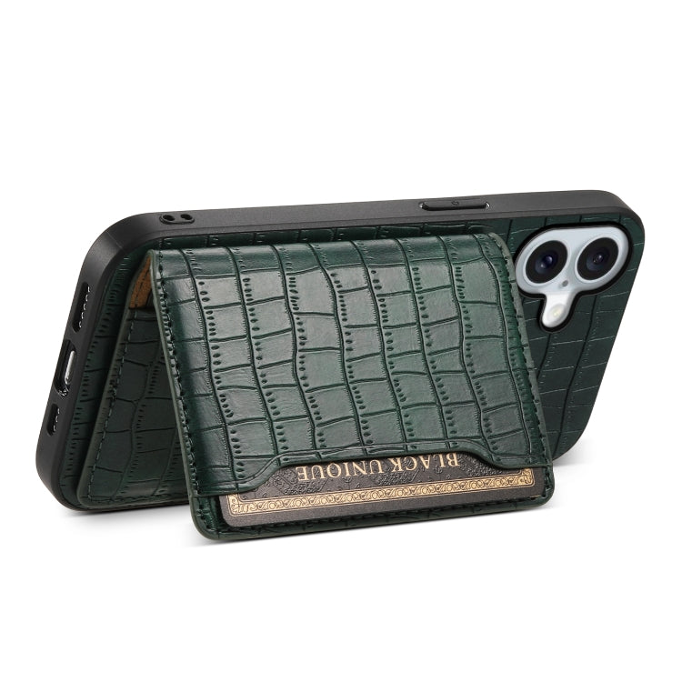 For iPhone 16 Plus Crocodile Texture Card Bag Design Full Coverage Phone Case(Green) - iPhone 16 Plus Cases by buy2fix | Online Shopping UK | buy2fix