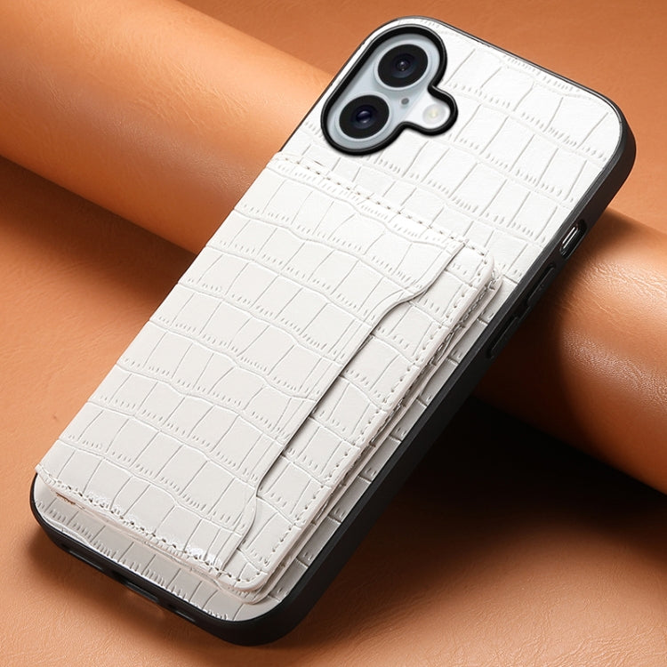 For iPhone 16 Plus Crocodile Texture Card Bag Design Full Coverage Phone Case(White) - iPhone 16 Plus Cases by buy2fix | Online Shopping UK | buy2fix