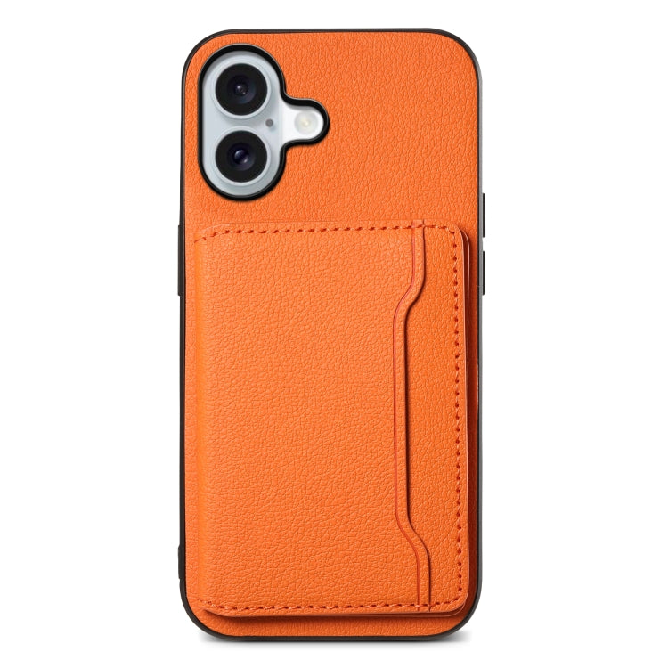 For iPhone 16 Calf Texture Card Bag Design Full Coverage Phone Case(Orange) - iPhone 16 Cases by buy2fix | Online Shopping UK | buy2fix