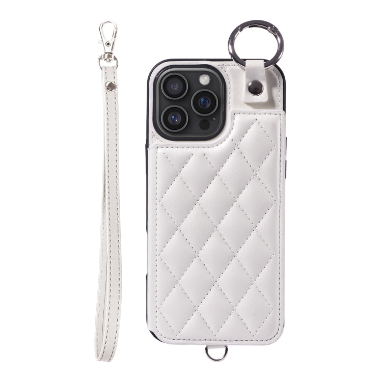 For iPhone 16 Pro Max Rhombic Texture Card Bag Phone Case with Short Lanyard(White) - iPhone 16 Pro Max Cases by buy2fix | Online Shopping UK | buy2fix