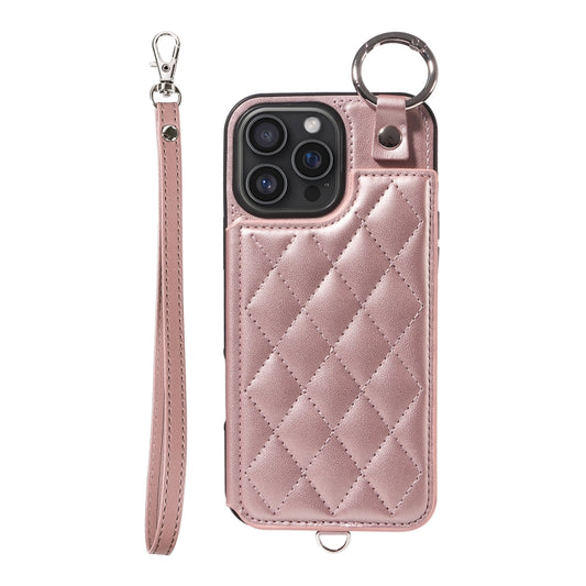 For iPhone 16 Pro Max Rhombic Texture Card Bag Phone Case with Short Lanyard(Rose Gold) - iPhone 16 Pro Max Cases by buy2fix | Online Shopping UK | buy2fix