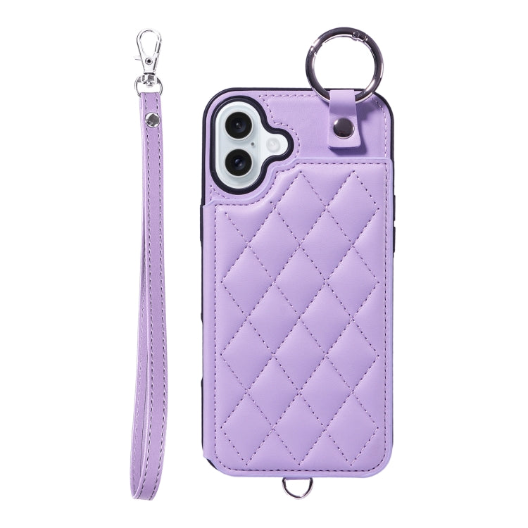 For iPhone 16 Plus Rhombic Texture Card Bag Phone Case with Short Lanyard(Purple) - iPhone 16 Plus Cases by buy2fix | Online Shopping UK | buy2fix