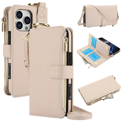 For iPhone 16 Pro Max Crossbody Ring Multifunctional Wallet Leather Phone Case(White) - iPhone 16 Pro Max Cases by buy2fix | Online Shopping UK | buy2fix