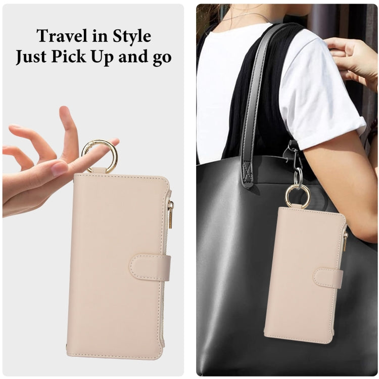 For iPhone 16 Plus Crossbody Ring Multifunctional Wallet Leather Phone Case(White) - iPhone 16 Plus Cases by buy2fix | Online Shopping UK | buy2fix