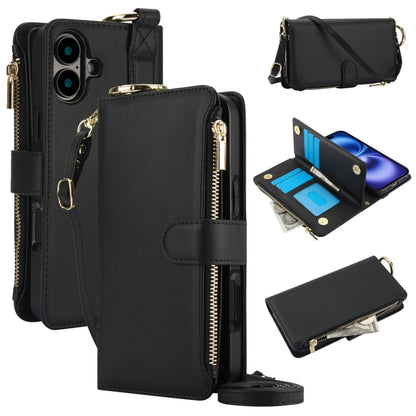 For iPhone 16 Plus Crossbody Ring Multifunctional Wallet Leather Phone Case(Black) - iPhone 16 Plus Cases by buy2fix | Online Shopping UK | buy2fix