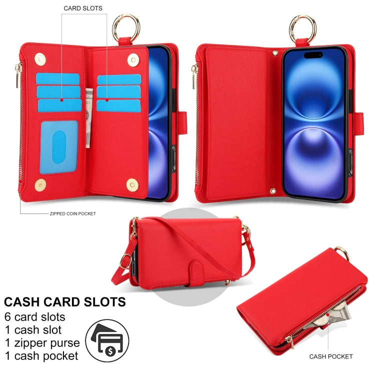 For iPhone 16 Plus Crossbody Ring Multifunctional Wallet Leather Phone Case(Red) - iPhone 16 Plus Cases by buy2fix | Online Shopping UK | buy2fix