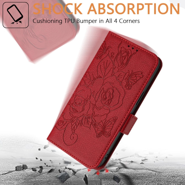 For iPhone SE 2024 Embossed Rose RFID Anti-theft Leather Phone Case(Red) - More iPhone Cases by buy2fix | Online Shopping UK | buy2fix