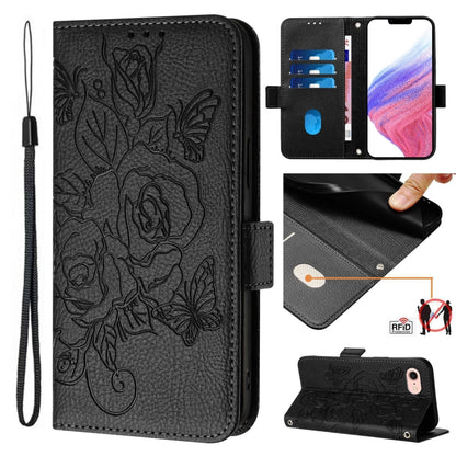 For iPhone SE 2024 Embossed Rose RFID Anti-theft Leather Phone Case(Black) - More iPhone Cases by buy2fix | Online Shopping UK | buy2fix