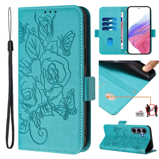 For Samsung Galaxy S25 5G Embossed Rose RFID Anti-theft Leather Phone Case(Light Blue) - Galaxy S25 5G Cases by buy2fix | Online Shopping UK | buy2fix