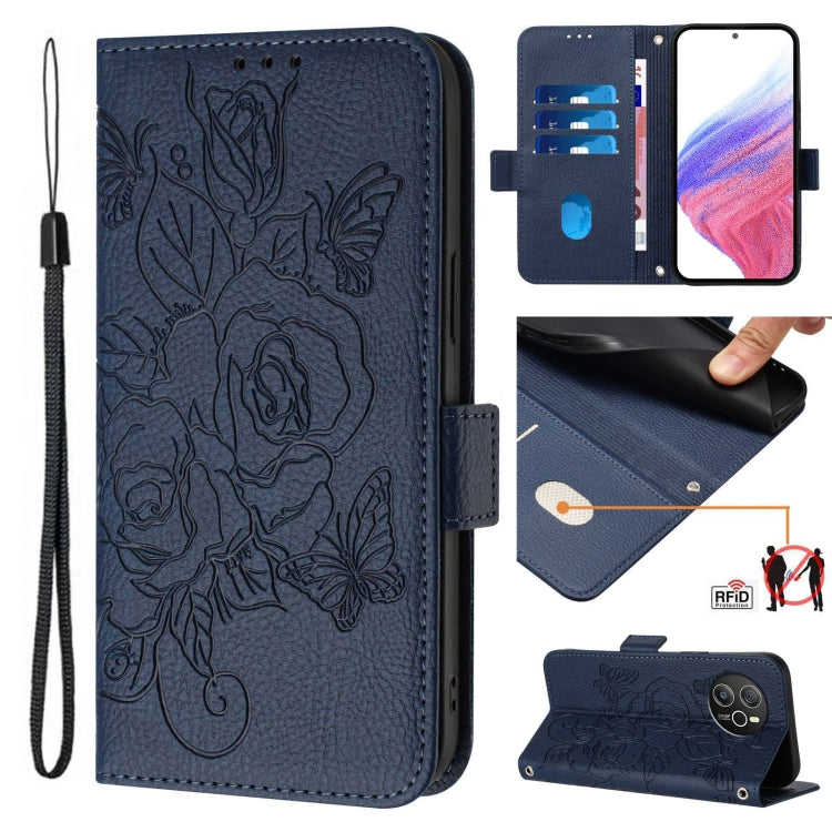 For Blackview Shark 8 Embossed Rose RFID Anti-theft Leather Phone Case(Dark Blue) - More Brand by buy2fix | Online Shopping UK | buy2fix