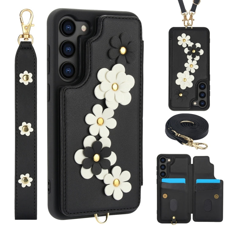 For Samsung Galaxy S25+ 5G Crossbody Flower Pattern Leather Phone Case(Black) - Galaxy S23+ 5G Cases by buy2fix | Online Shopping UK | buy2fix